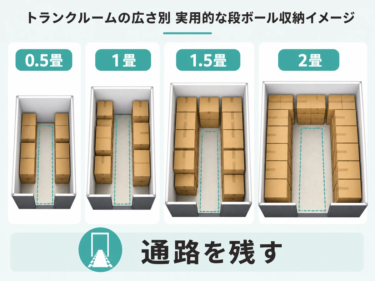 畳数別の段ボール収納目安と通路確保を示す図解