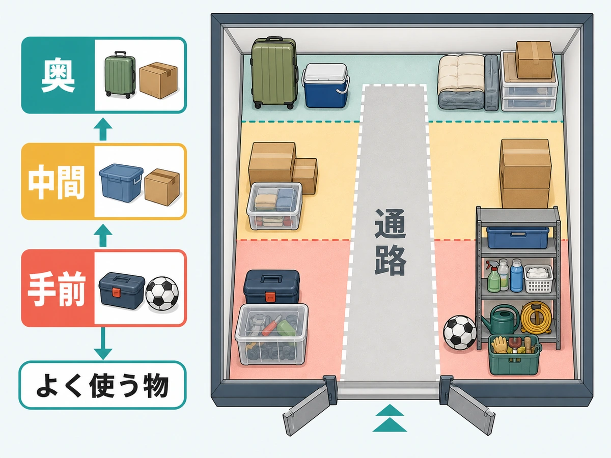 トランクルームを手前・中間・奥に分けて通路を確保する配置図