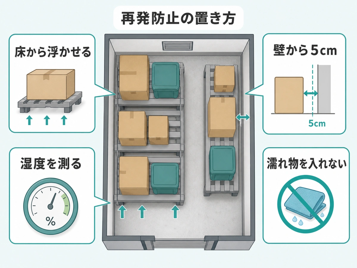 トランクルームの荷物を床から浮かせ壁から離して湿度を確認する再発防止の置き方