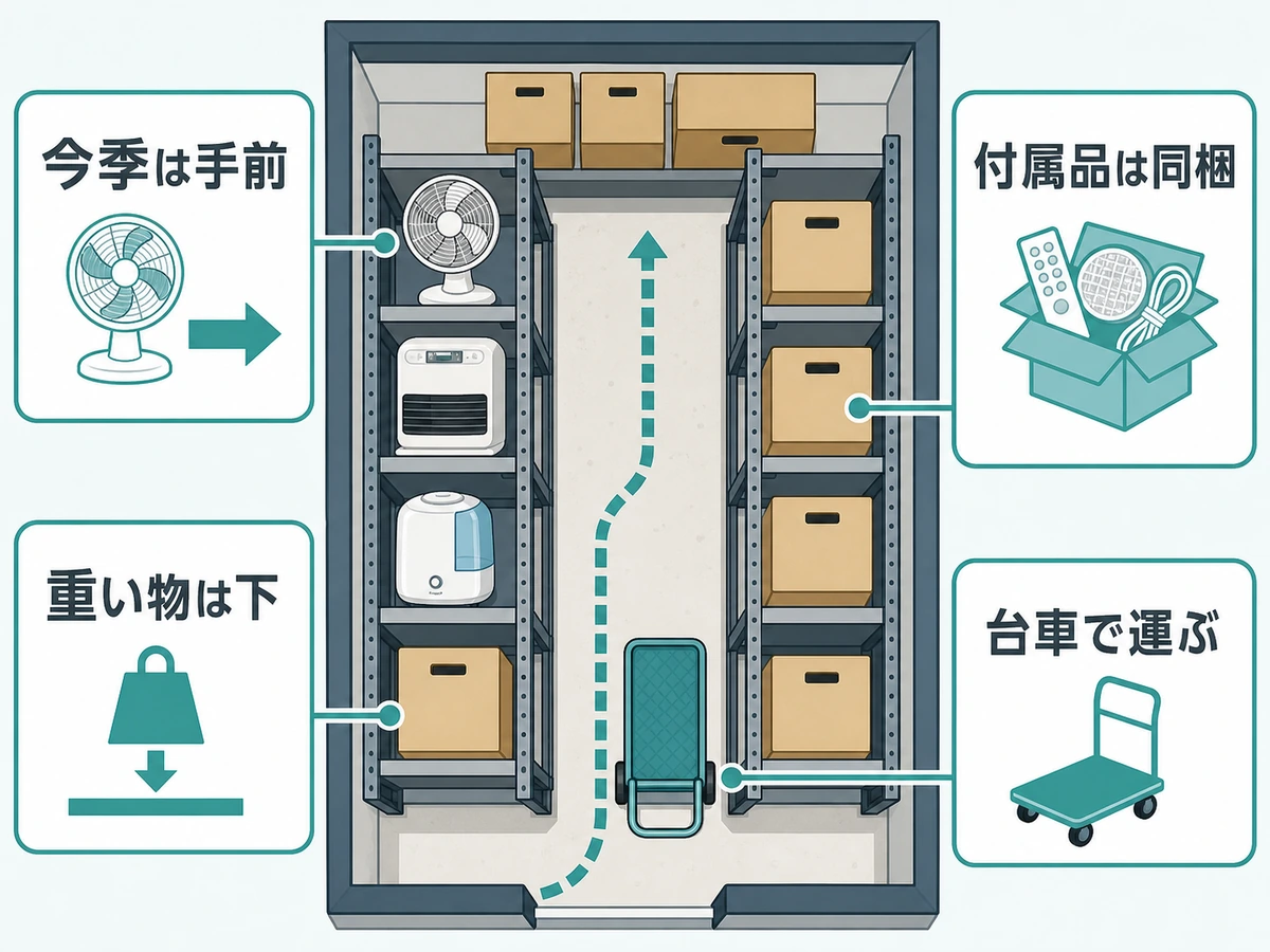 季節家電を手前・下段・付属品同梱・台車動線で配置する図