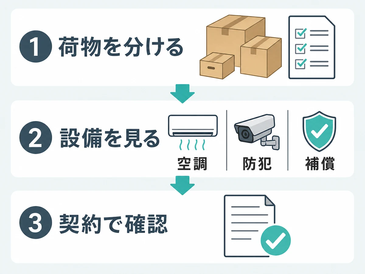 トランクルームの料金差を荷物・設備・契約の順に確認する図