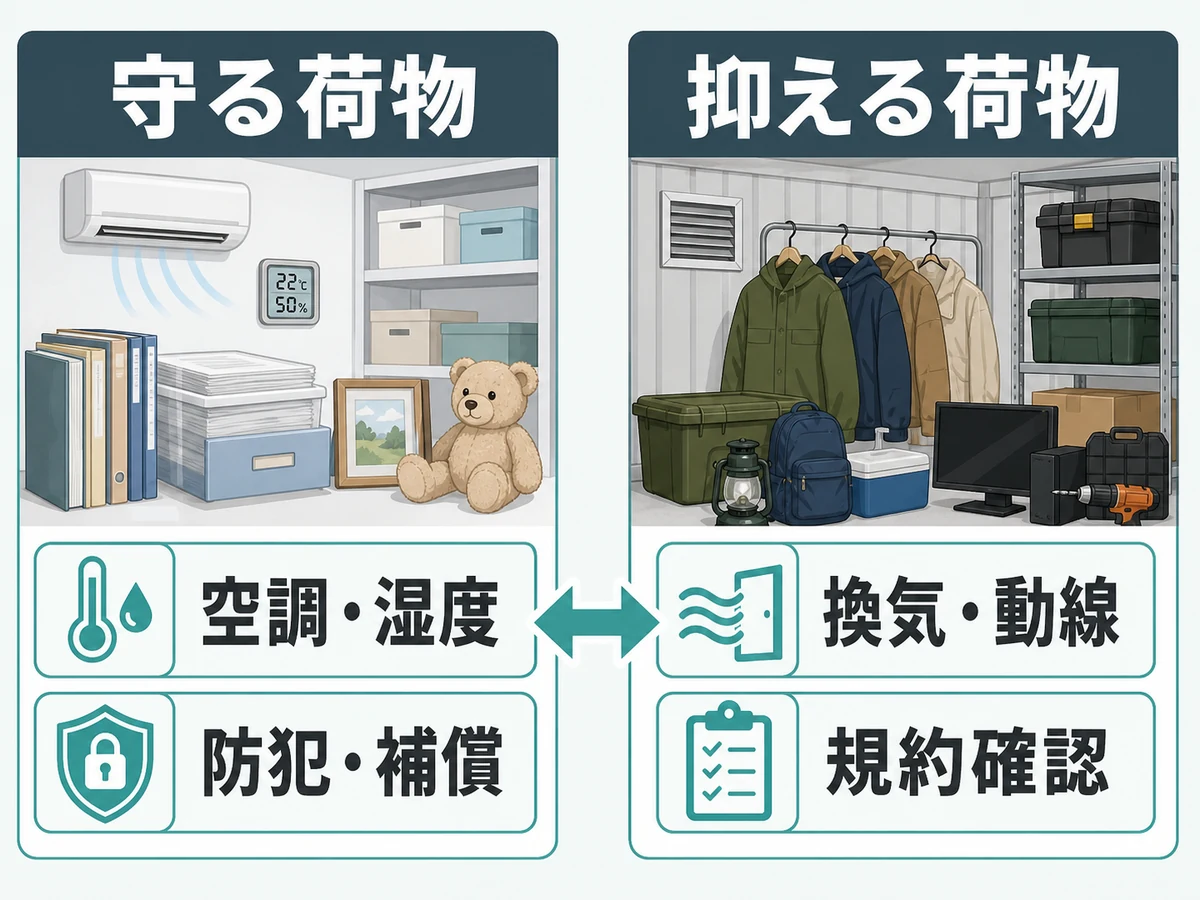 守る荷物と設備を抑えられる荷物を比較する図