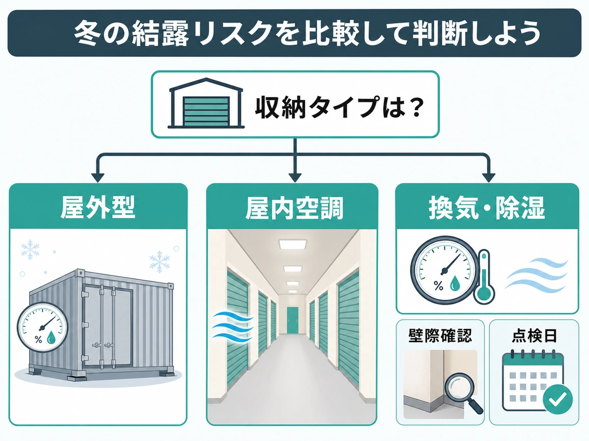 屋外型と屋内空調型の冬の結露リスクを確認する判断図