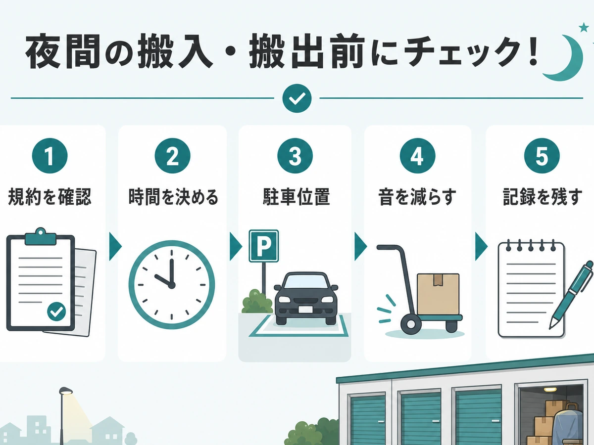 夜間搬入前に規約・時間・駐車位置・音・記録を確認する流れ