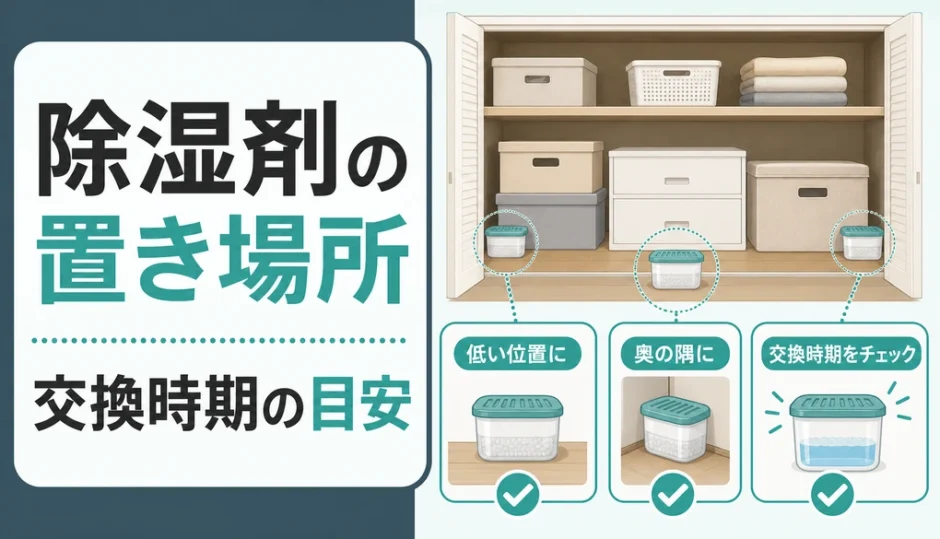 除湿剤の置き場所と交換時期の目安を示す図解