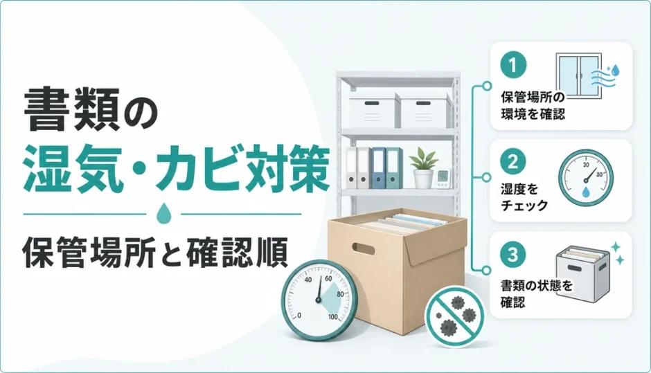 書類の湿気・カビ対策と保管場所の確認順を示す図