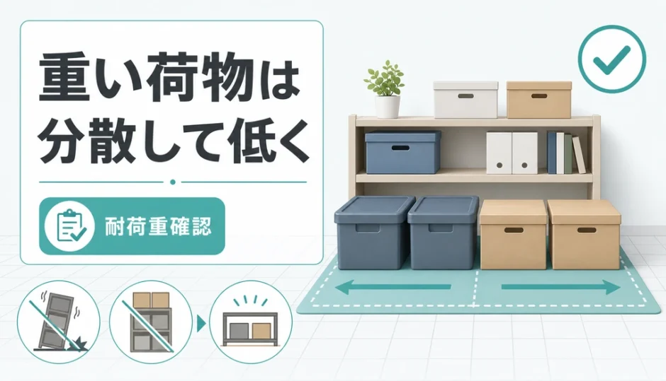 重い荷物を分散して低く置き、床の耐荷重と地震対策を確認するサムネイル