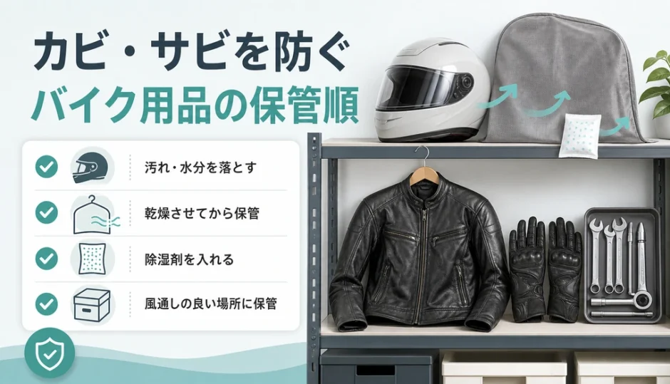 バイク用品のカビ・サビを防ぐ保管順の図解