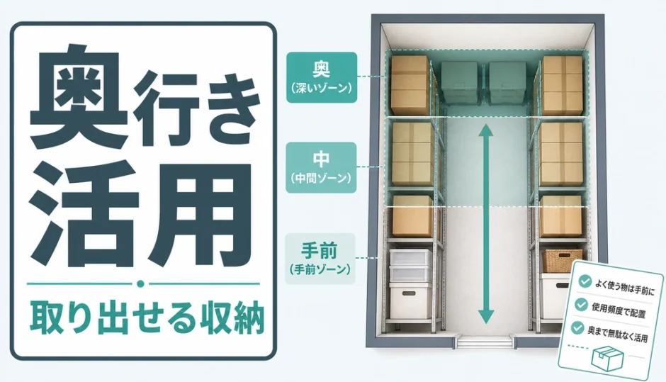 トランクルームの奥行き活用と取り出しやすい収納レイアウト