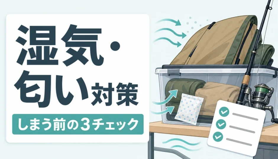釣り・キャンプ道具の湿気と匂い対策を示すサムネイル