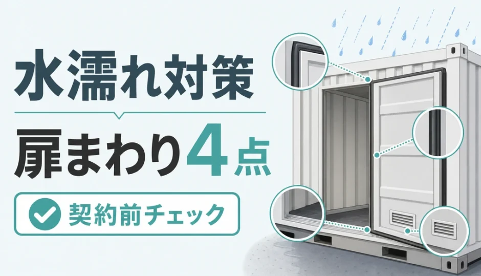 屋外型トランクルームの水濡れ対策で扉まわり4点を確認する図