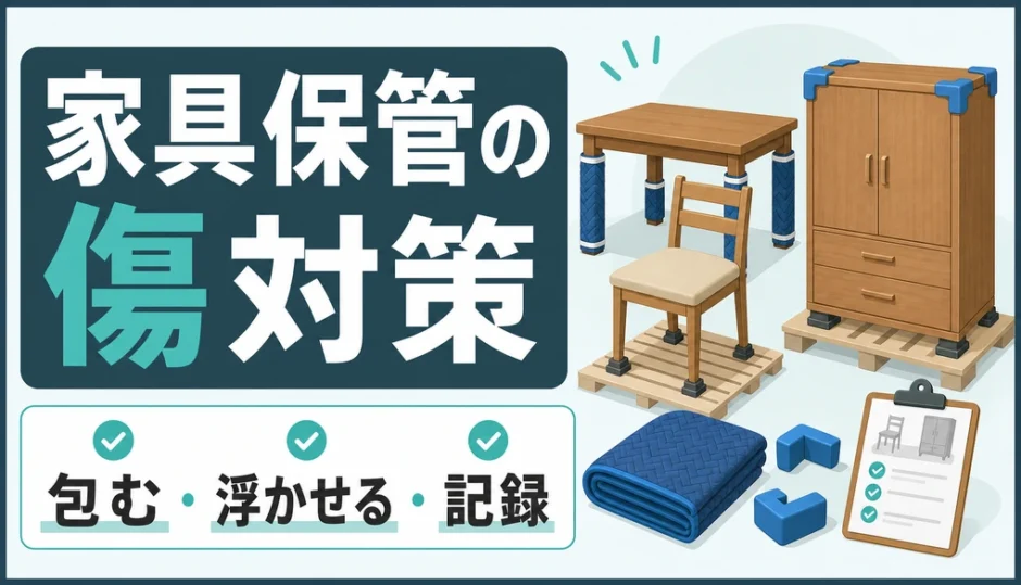家具保管の傷対策を示す、梱包と床から浮かせる置き方の図解