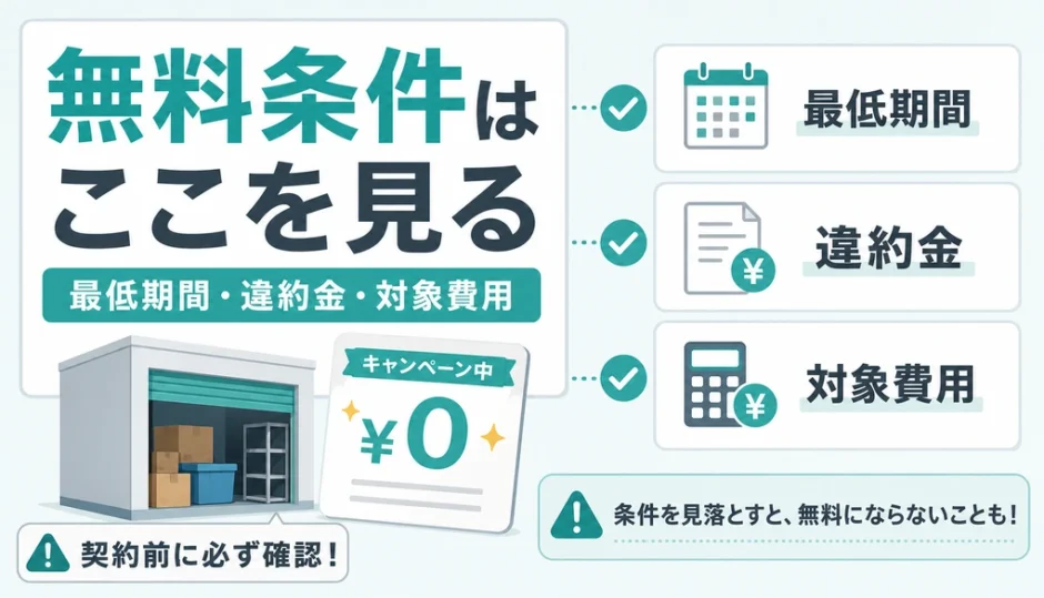 初期費用キャンペーンの無料条件、最低期間、違約金、対象費用を確認する図解