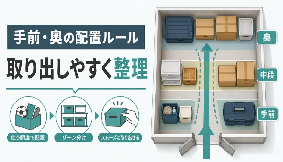 手前と奥の配置でトランクルームを取り出しやすく整理する図解