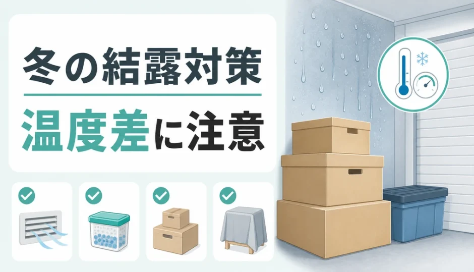 冬のトランクルームで起こる結露対策と温度差への注意を示す図解