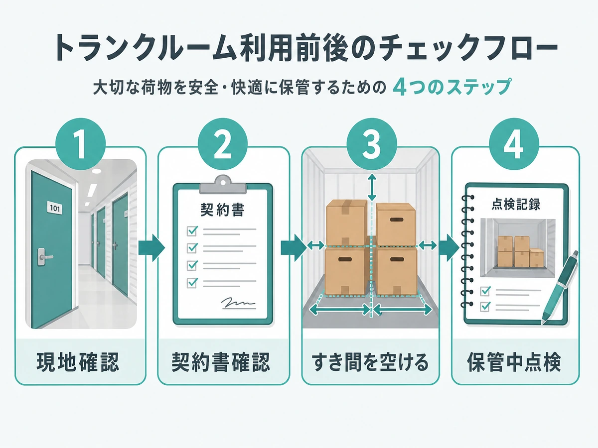 現地確認から保管中点検までの流れを示す図解