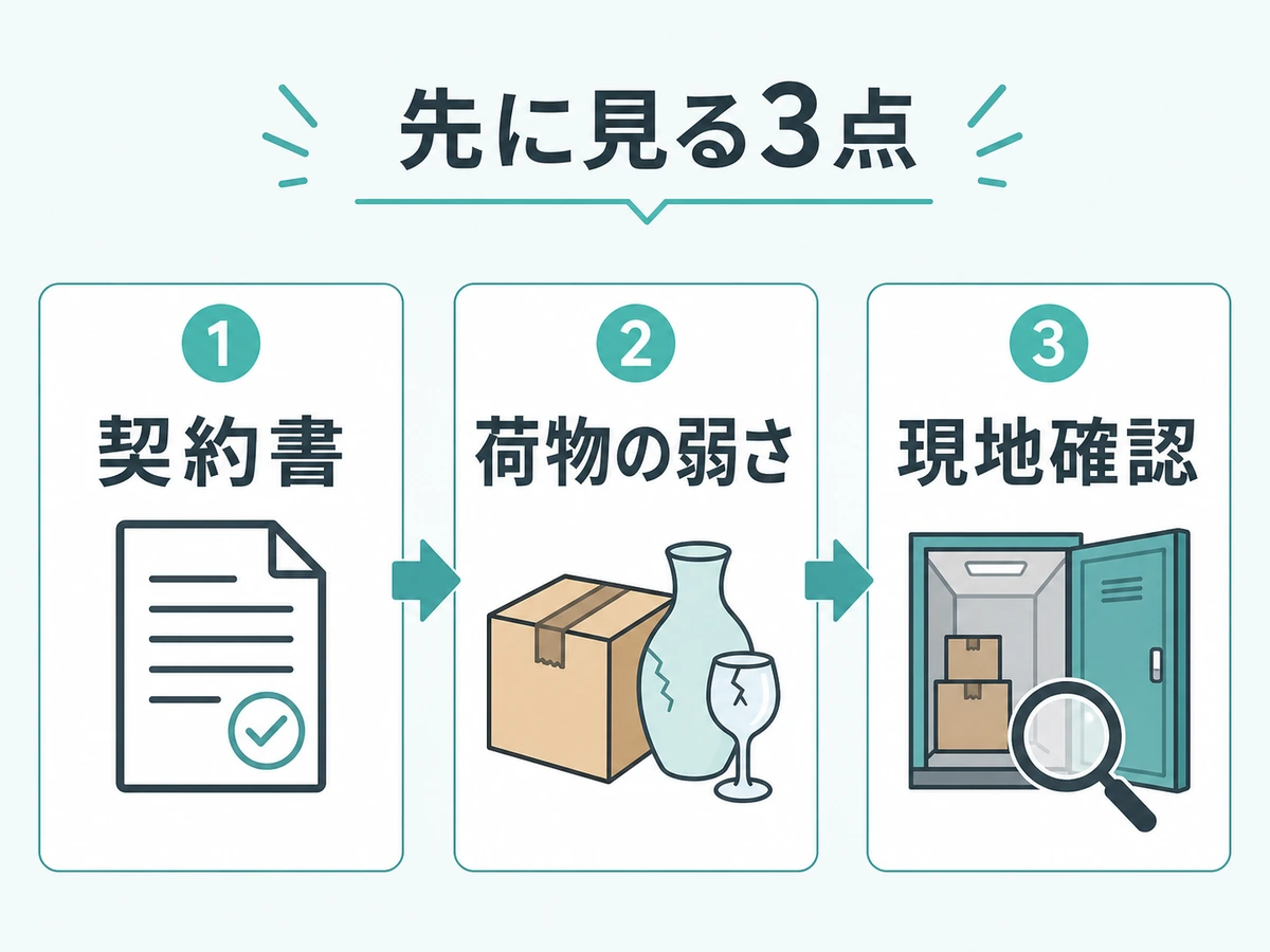 契約書、荷物の弱さ、現地確認の3点を示す図解