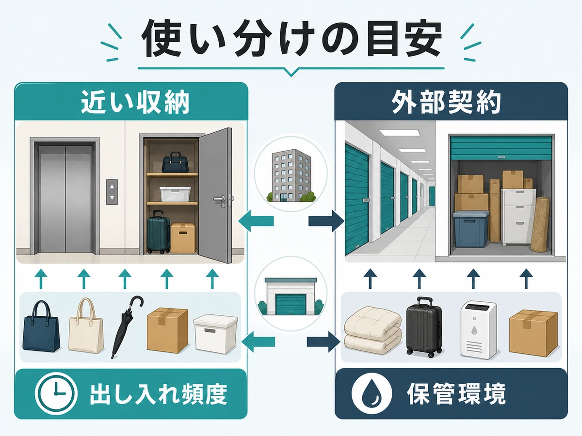 近い収納と外部契約の使い分けを示す図解