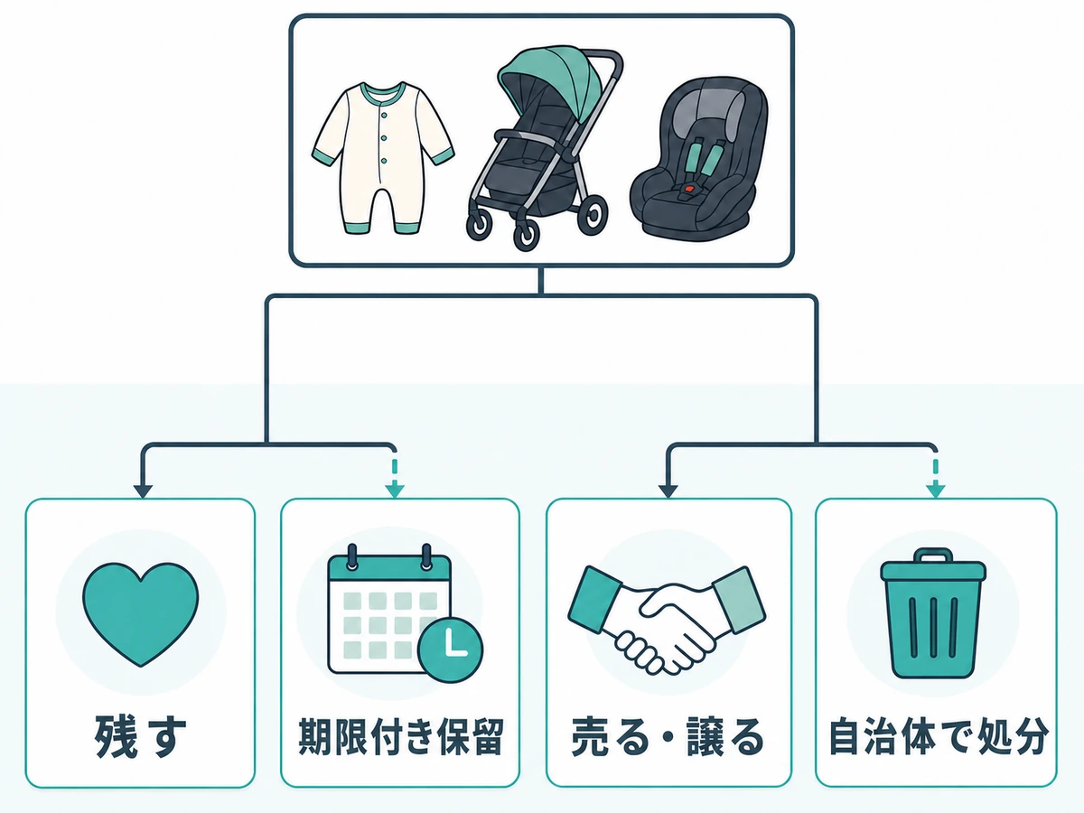 ベビー用品を残す・期限付き保留・売る譲る・自治体で処分へ分ける判断図