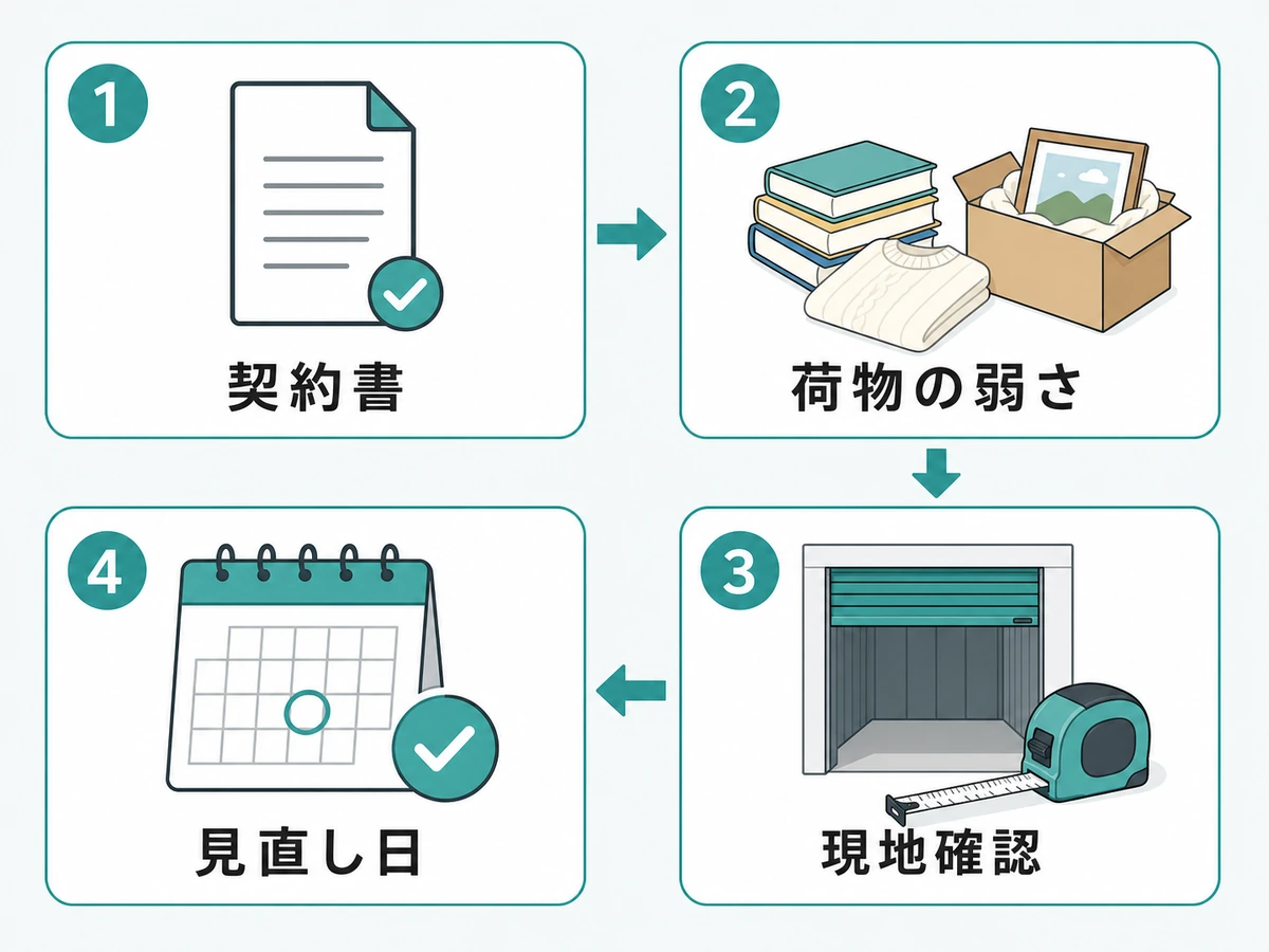 トランクルーム利用前に契約書、荷物の弱さ、現地、見直し日を確認する流れ