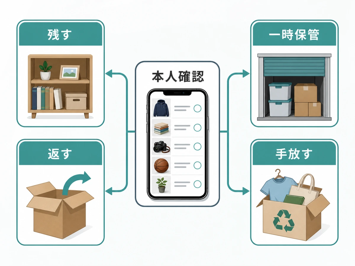 子どもの荷物を本人確認後に残す、返す、一時保管、手放すへ分ける判断図