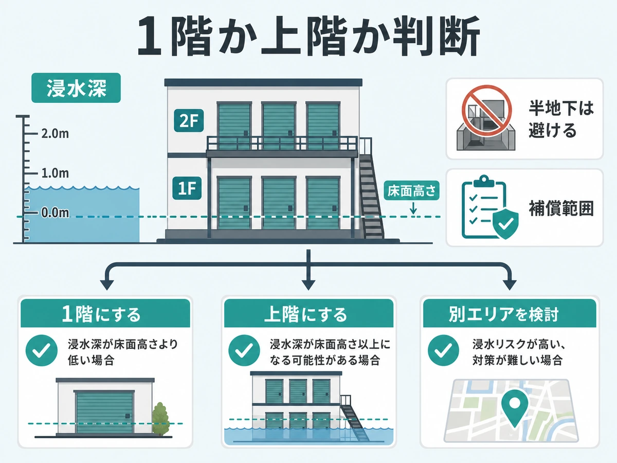 浸水深と床面高さで1階か上階かを判断する図