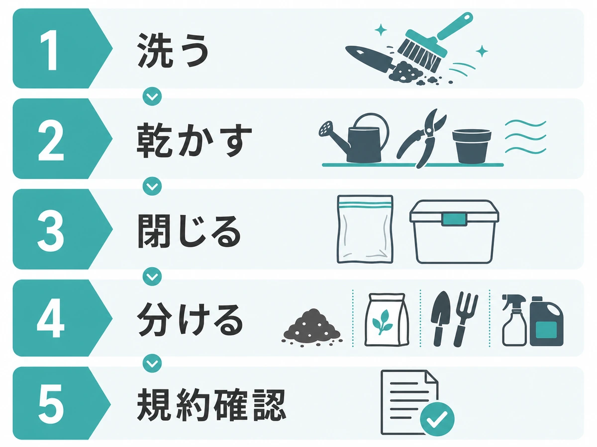 ガーデニング・DIY道具を洗う、乾かす、閉じる、分ける、規約確認の順で保管準備する流れ