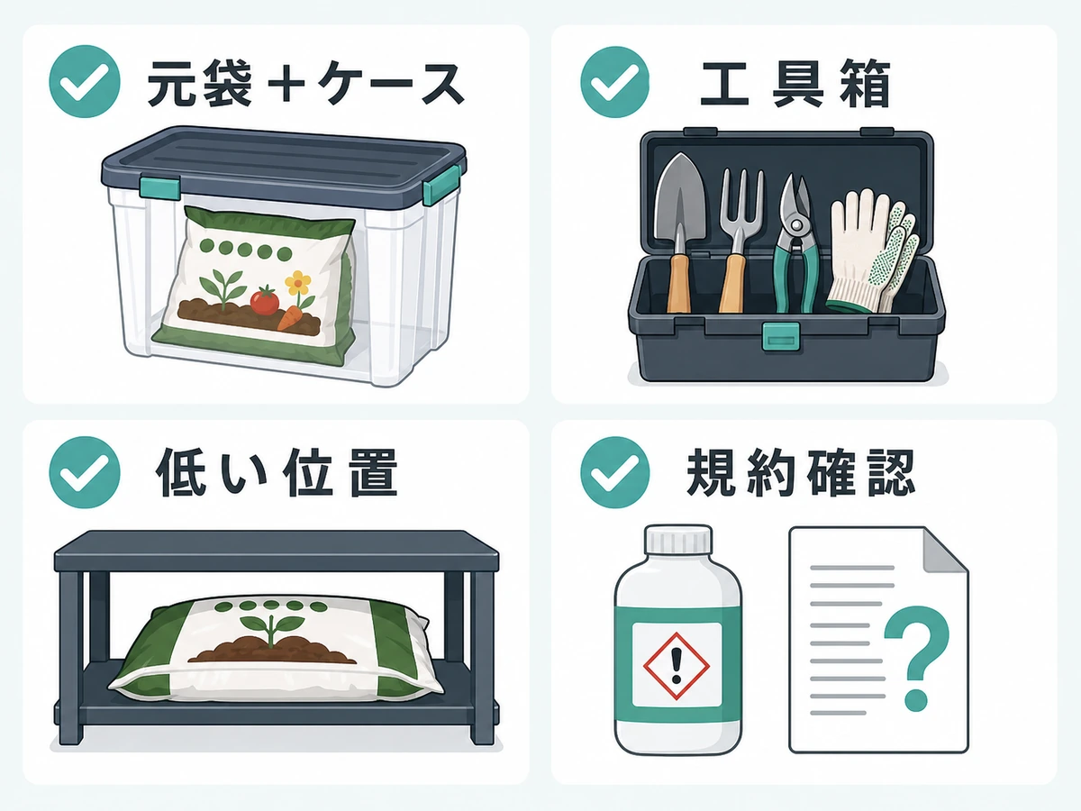 園芸用土と肥料は元袋とケース、手工具は工具箱、重い物は低い位置、薬剤類は規約確認とする保管方法の比較