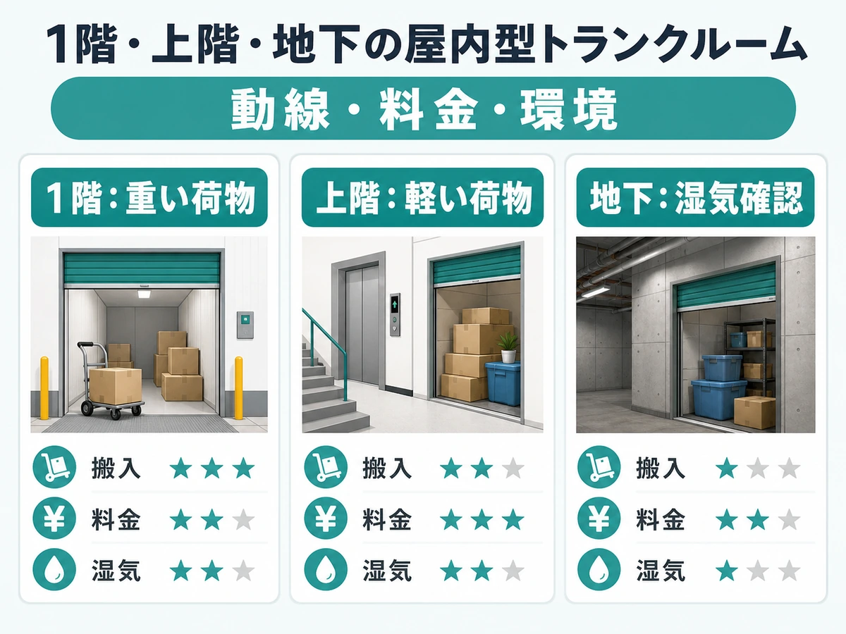 屋内型トランクルームの1階・上階・地下を荷物と搬入条件で比べる比較ガイド