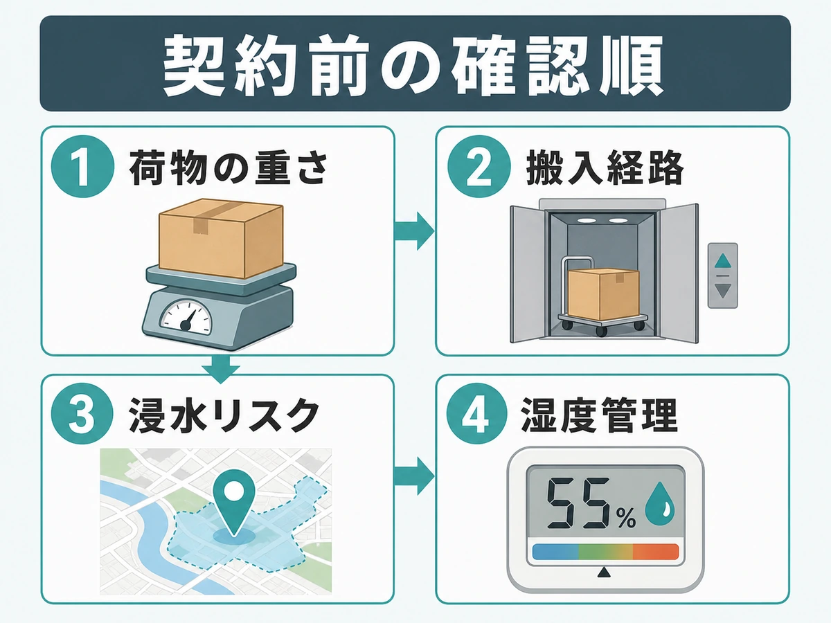 屋内型トランクルーム契約前の現地確認、契約書確認、保管中点検の確認順フロー