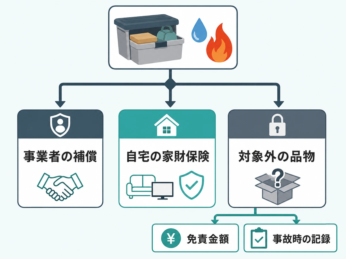 トランクルームの荷物を事業者補償と自宅の家財保険で確認する分岐図