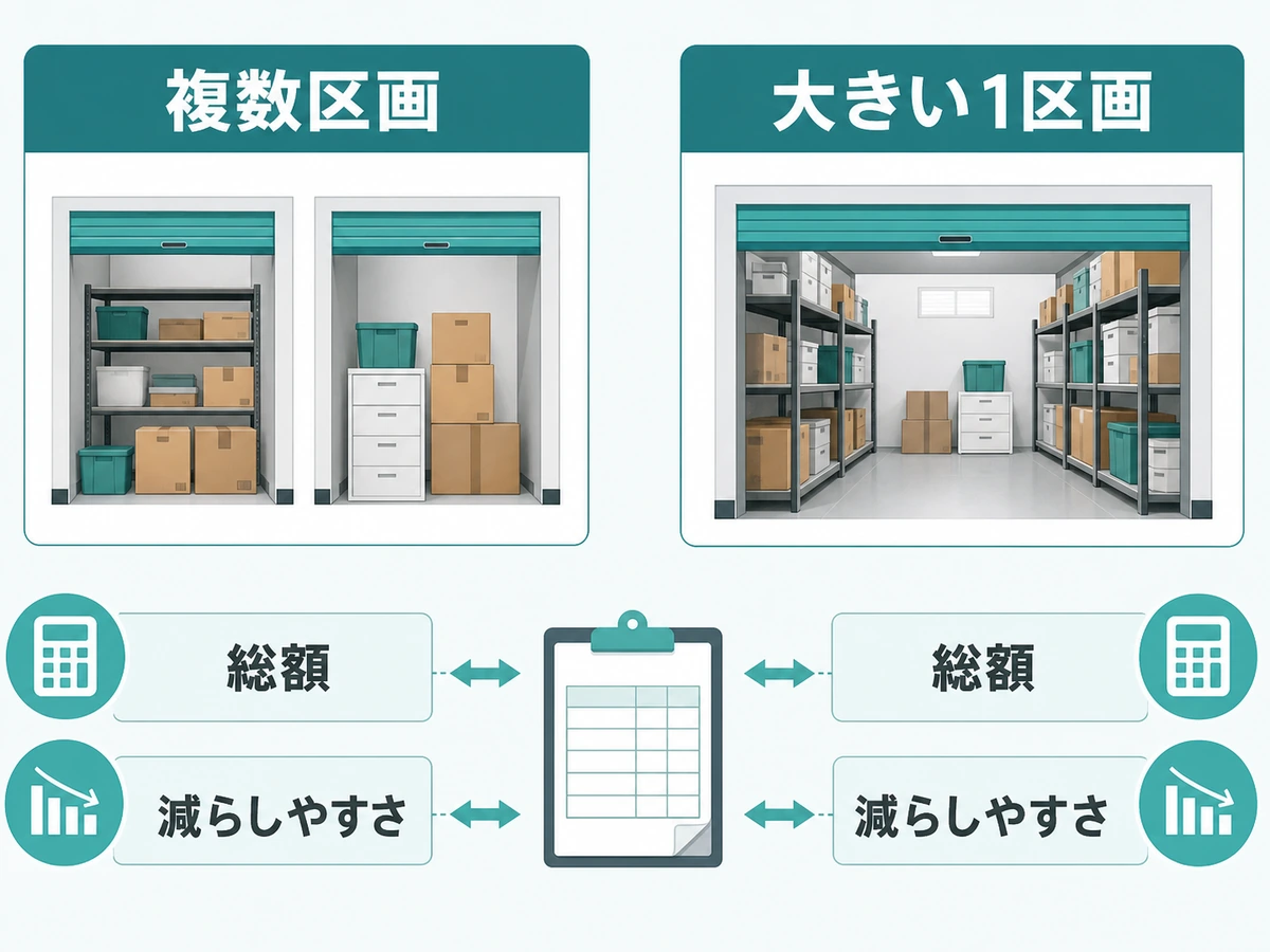 複数区画と大きい1区画を総額と減らしやすさで比べる比較図