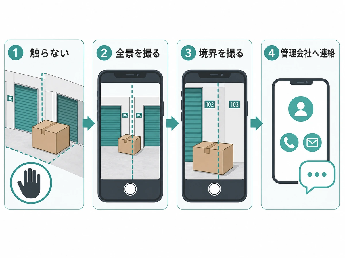 隣の荷物が区画を越えたときに触らず全景と境界を撮って管理会社へ連絡する流れ