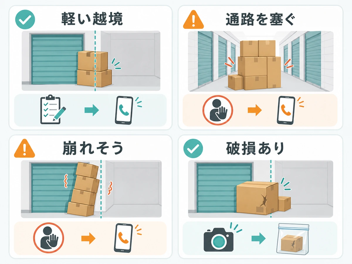 軽い越境、通路を塞ぐ、崩れそう、破損ありの状況別に対応を分ける図