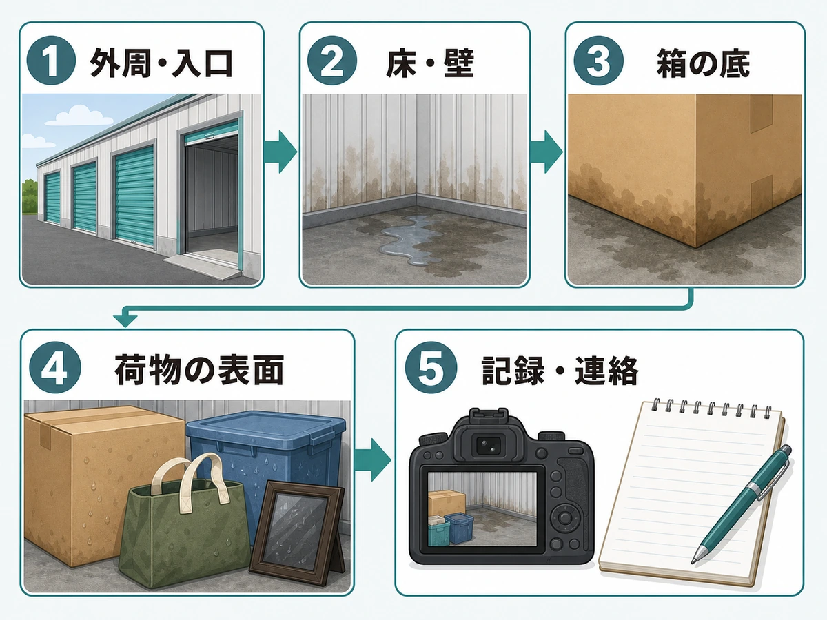 外周・入口、床・壁、箱の底、荷物の表面、記録・連絡の順で点検する流れ