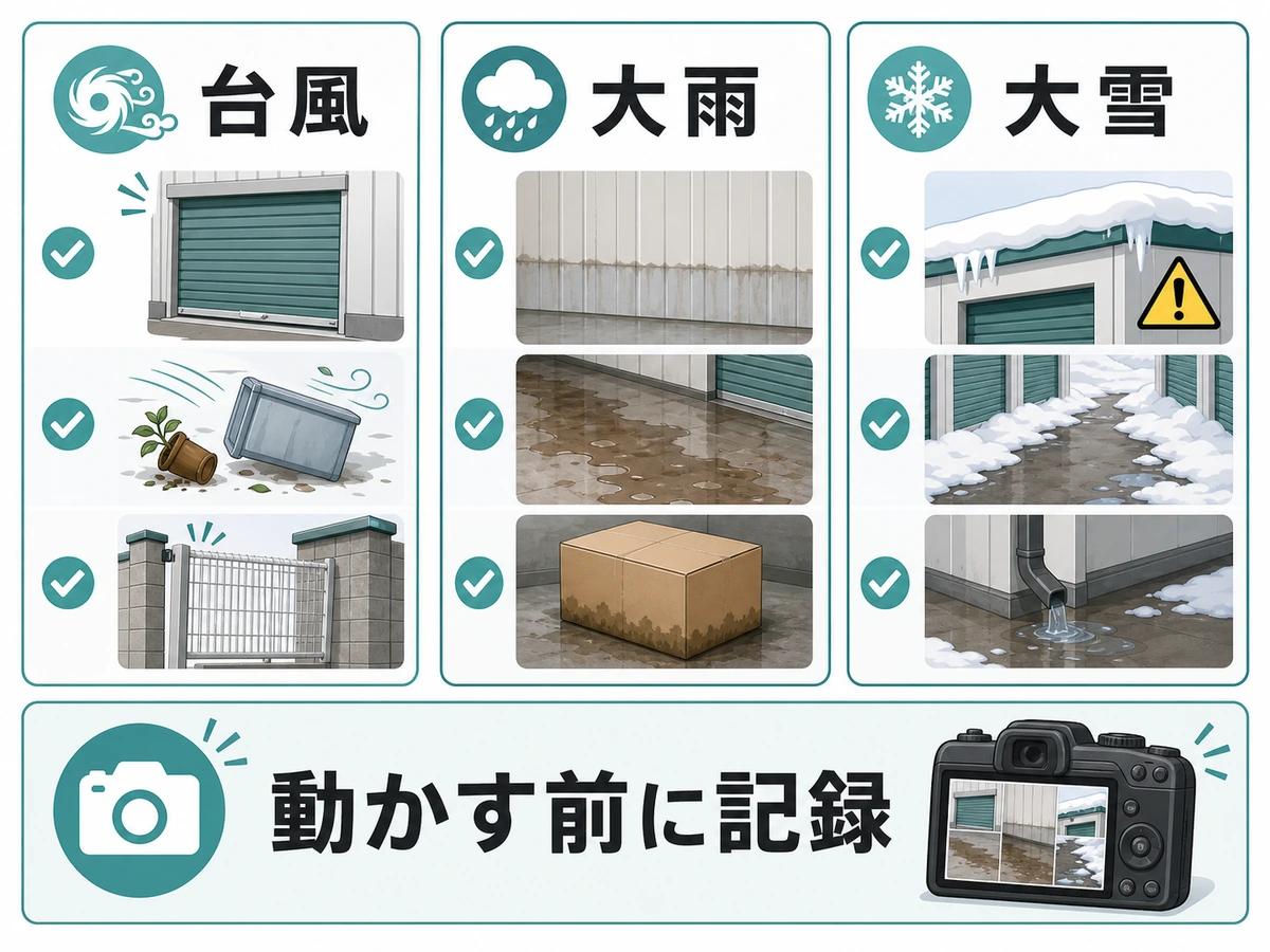 台風・大雨・大雪後の点検重点を比較し、動かす前に記録することを示す図