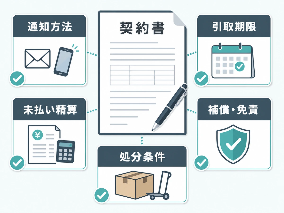 トランクルーム契約前に通知方法や引取期限など5項目を確認するチェック表