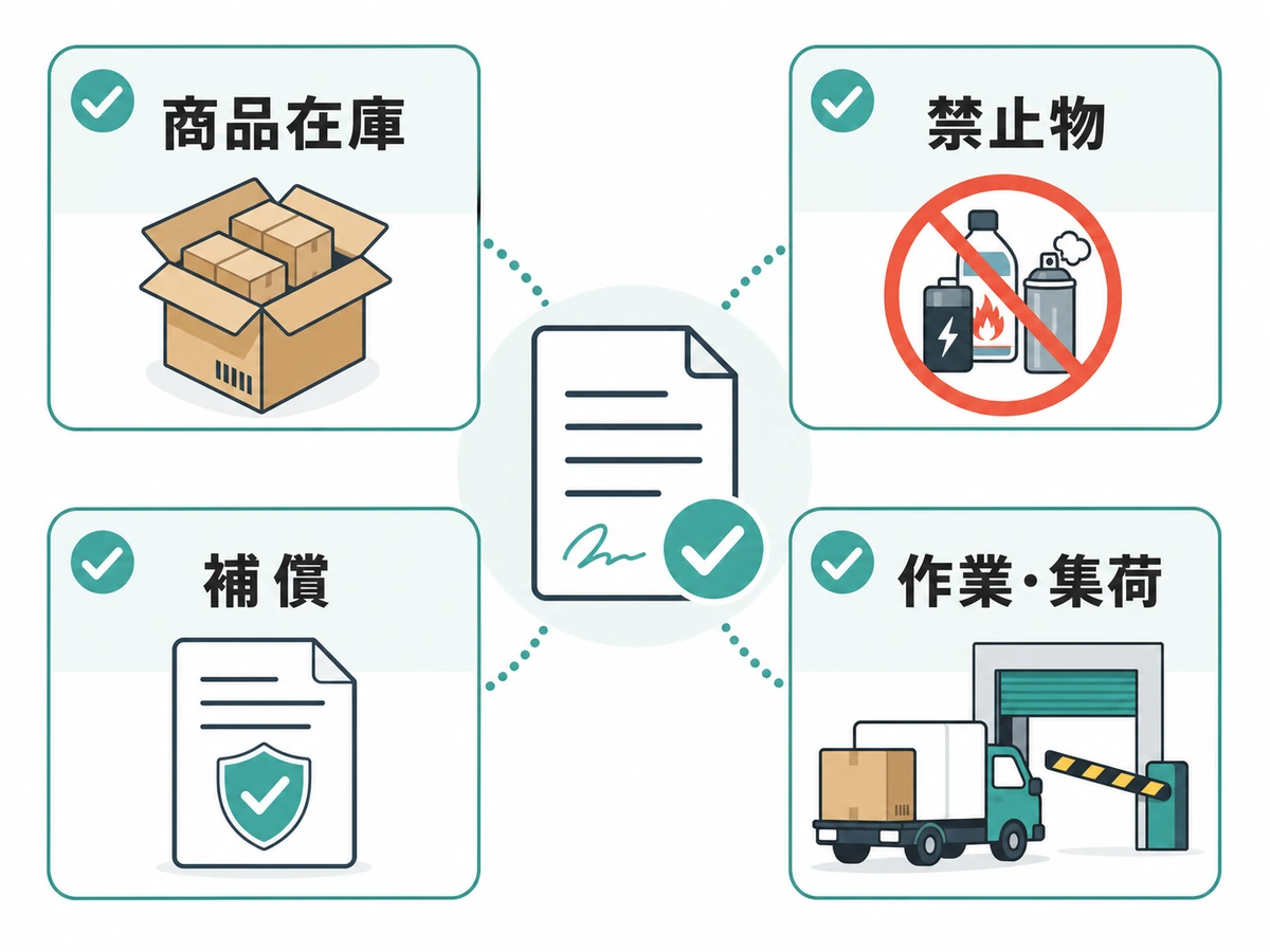 EC在庫の契約前に商品在庫、禁止物、補償、作業・集荷を確認する図