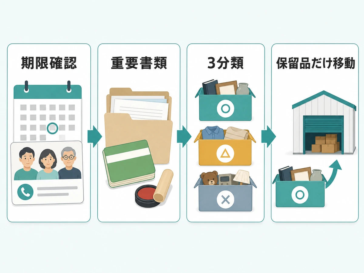 遺品整理の期限確認、重要書類の確保、3分類、保留品だけを移す流れ