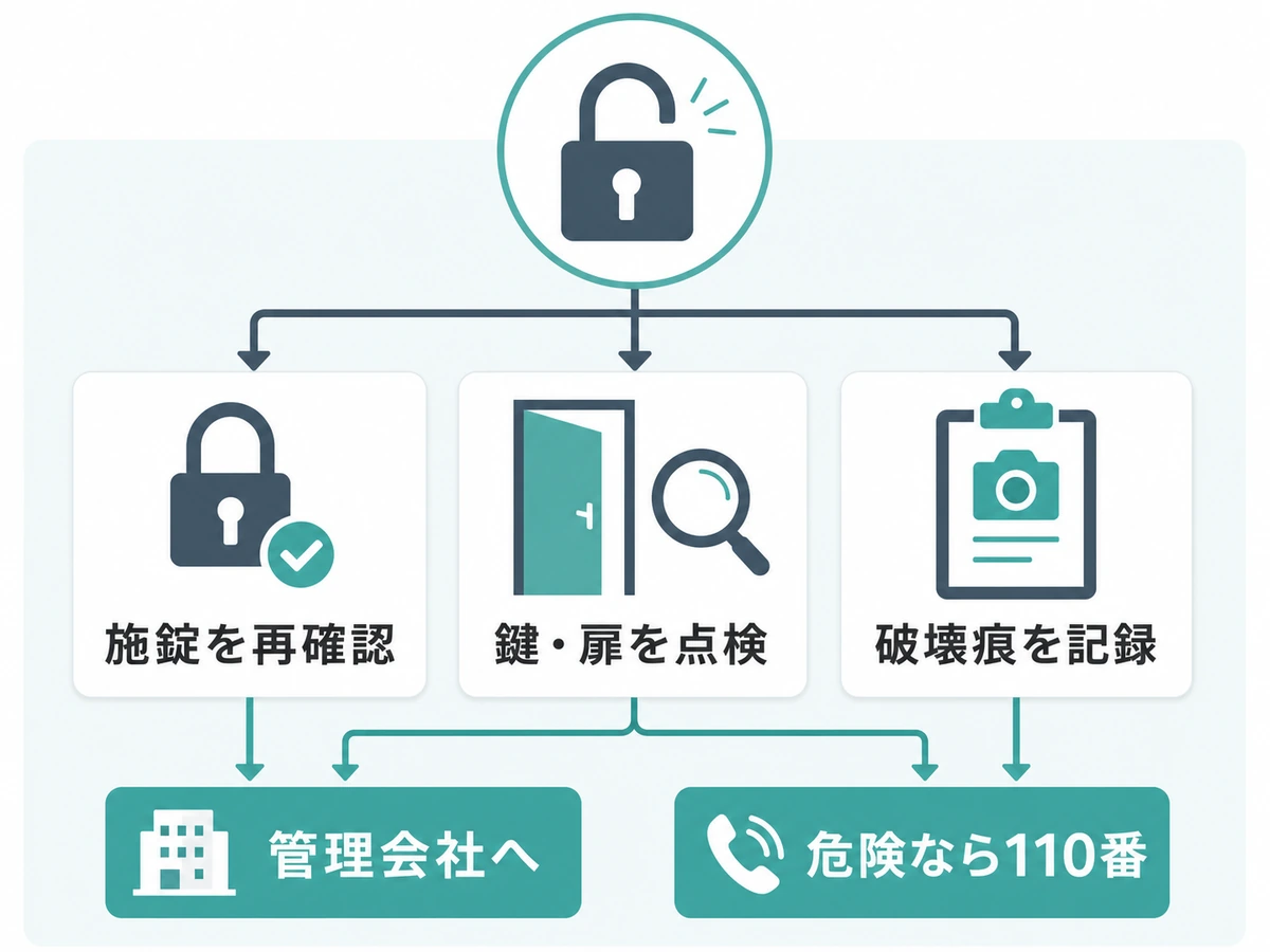 トランクルームの鍵が開いていた原因を順に確認する判断図