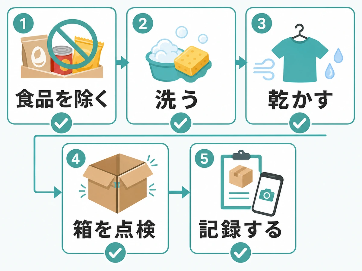 食品を除く、洗う、乾かす、箱を点検、記録するトランクルーム搬入前の5ステップ