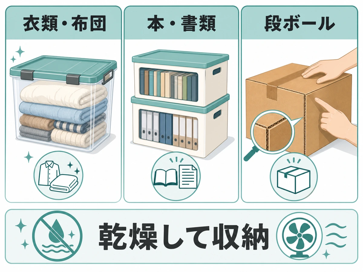 衣類と布団、本と書類、段ボールの梱包を比較し、乾燥して収納するポイント
