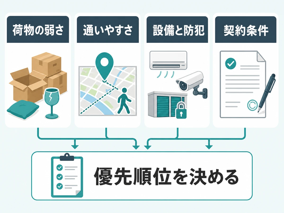 荷物の弱さ、通いやすさ、設備と防犯、契約条件から優先順位を決める図解