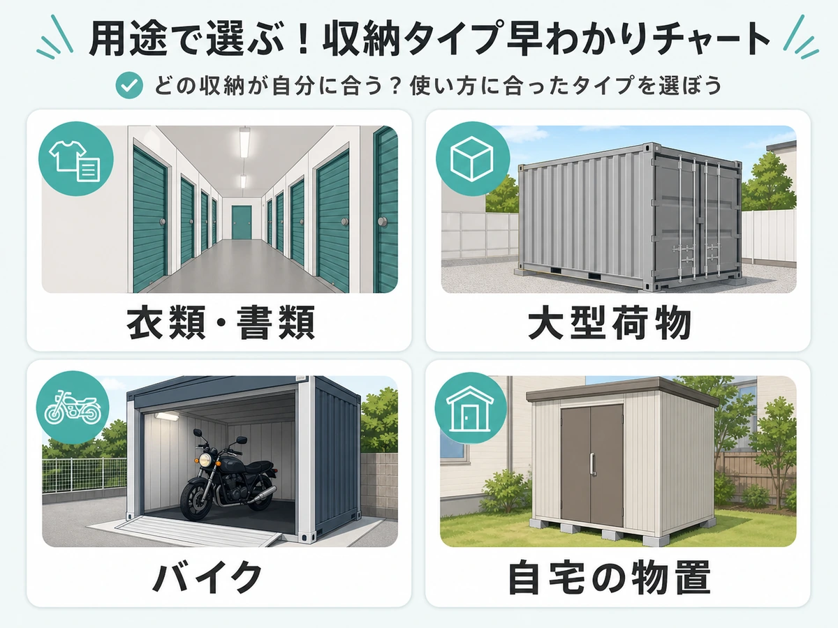衣類や書類、大型荷物、バイク、自宅の物置で収納タイプを分ける図