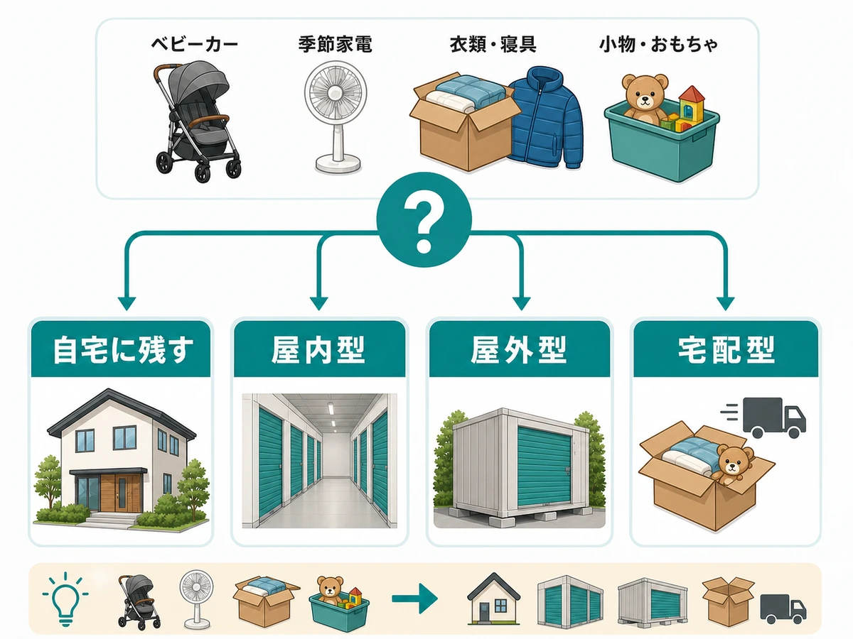 自宅、屋内型、屋外型、宅配型を預ける物で分ける判断図