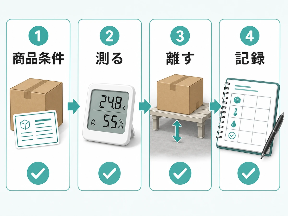 店舗在庫を保管する前に商品条件を確認し温湿度を測って記録する流れ