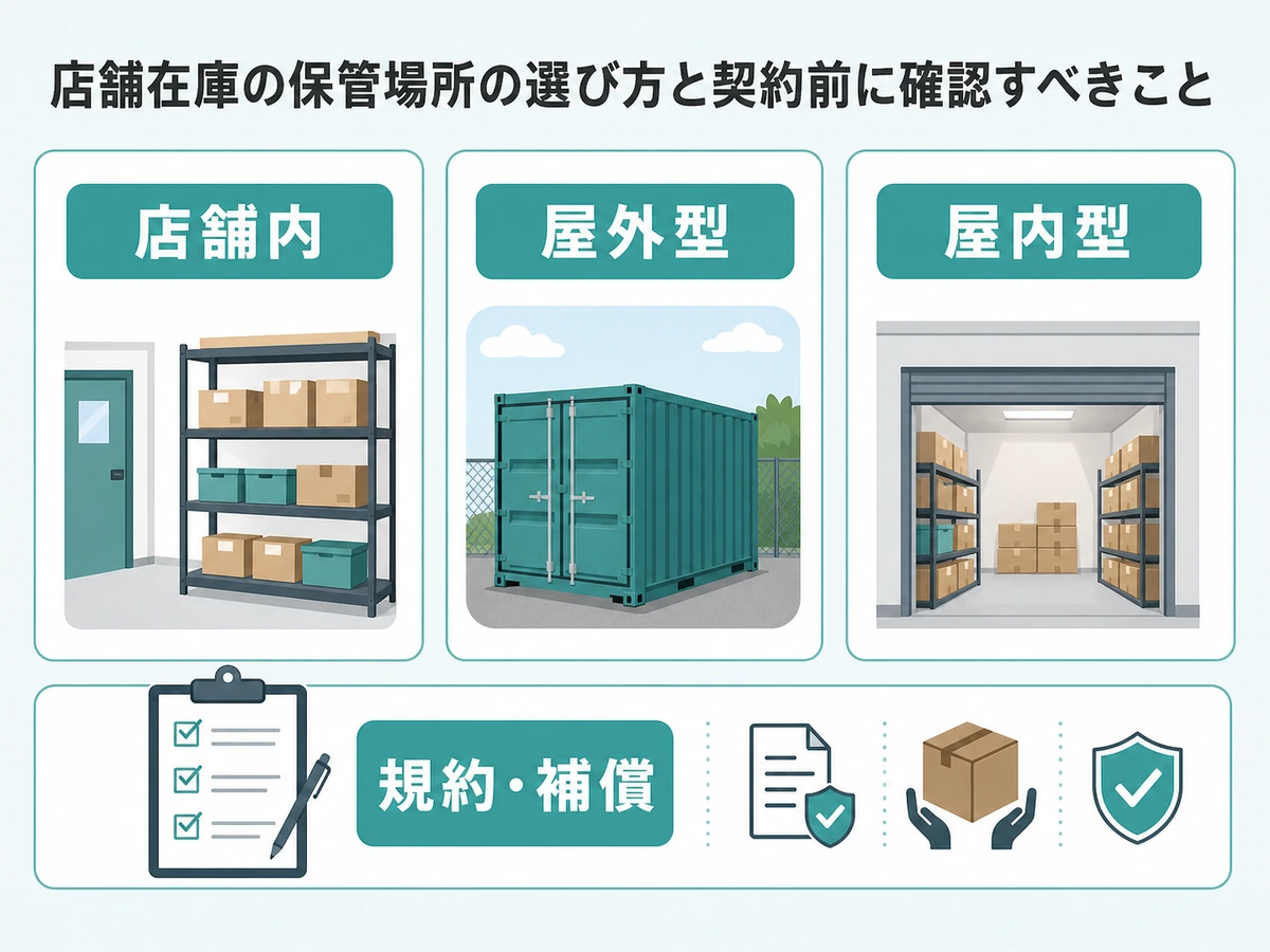 店舗内・屋外型・屋内型の保管場所と規約補償の確認を比較する図