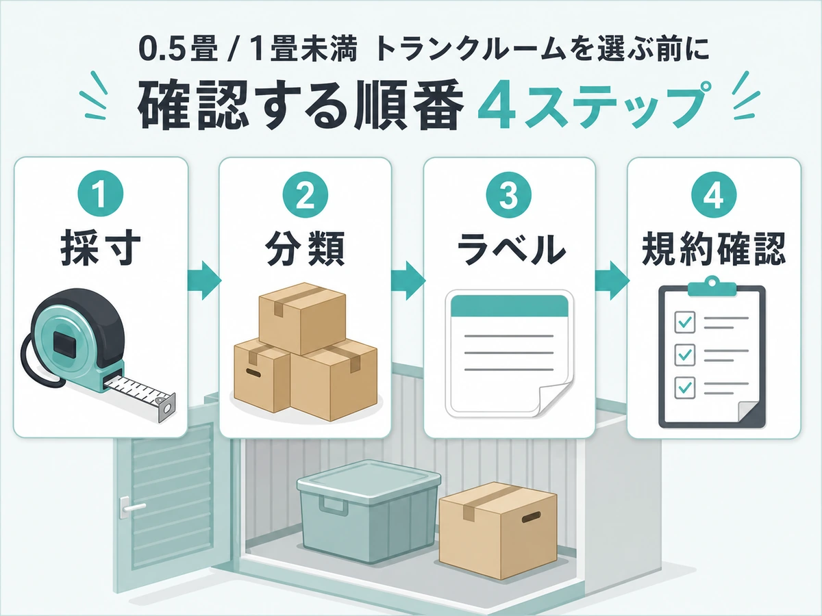 小さいトランクルームで荷物を採寸し分類してラベルを付ける手順