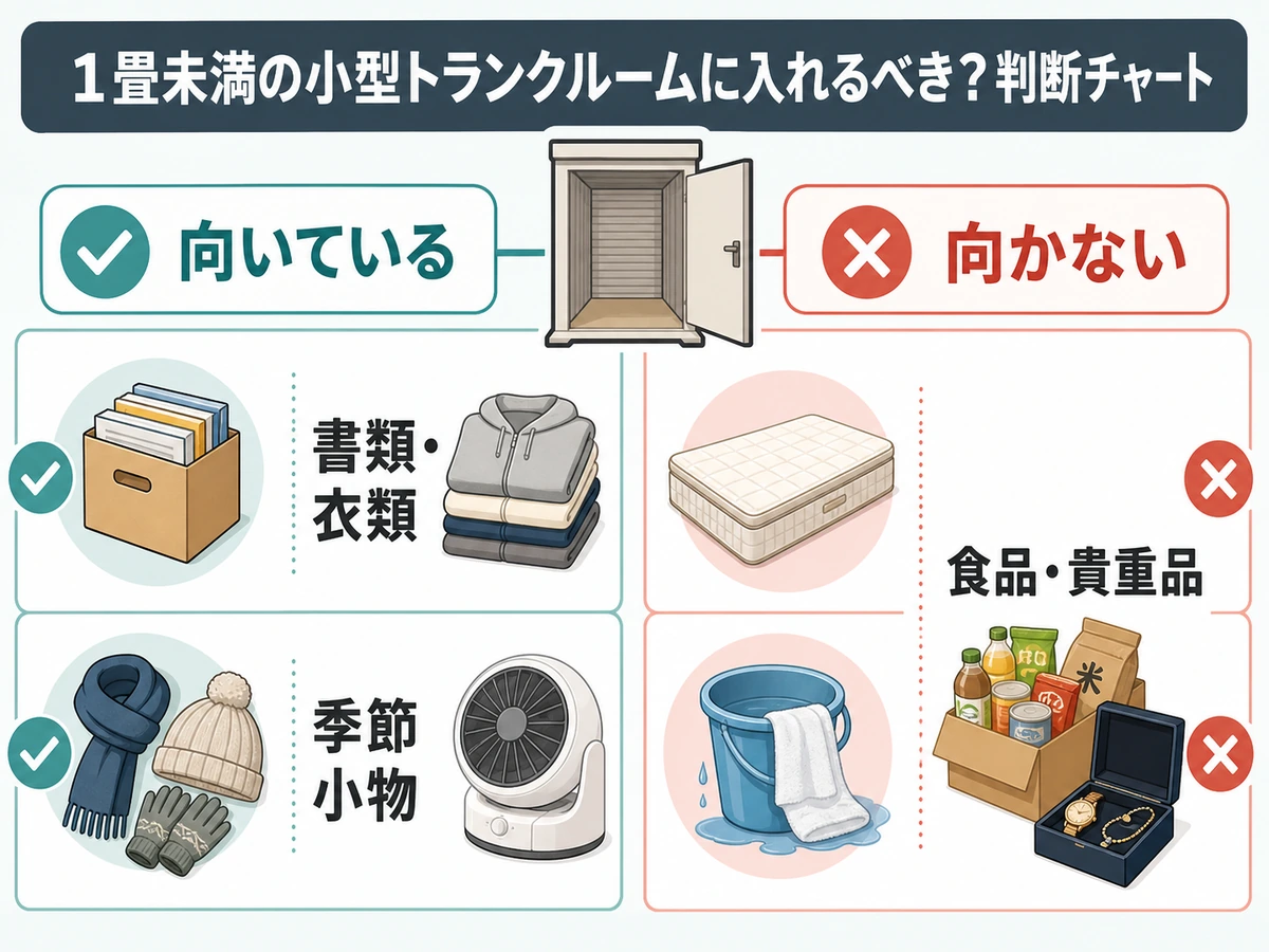 1畳未満のトランクルームに向く荷物と向かない荷物の判断チャート