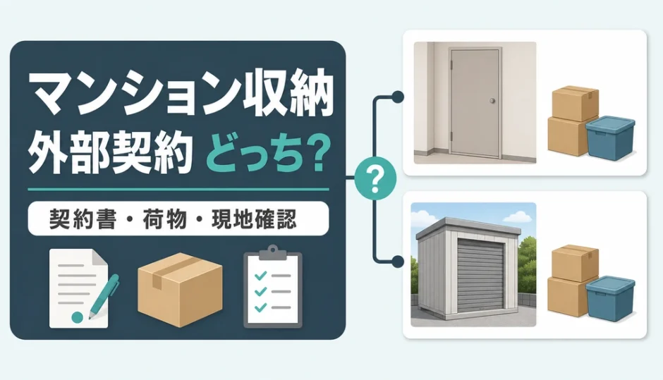 マンションのトランクルームと外部契約の使い分けを示す図解